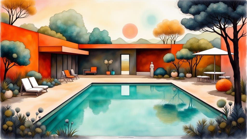 Vibrant Courtyard with Pool in Liquid Ink Style