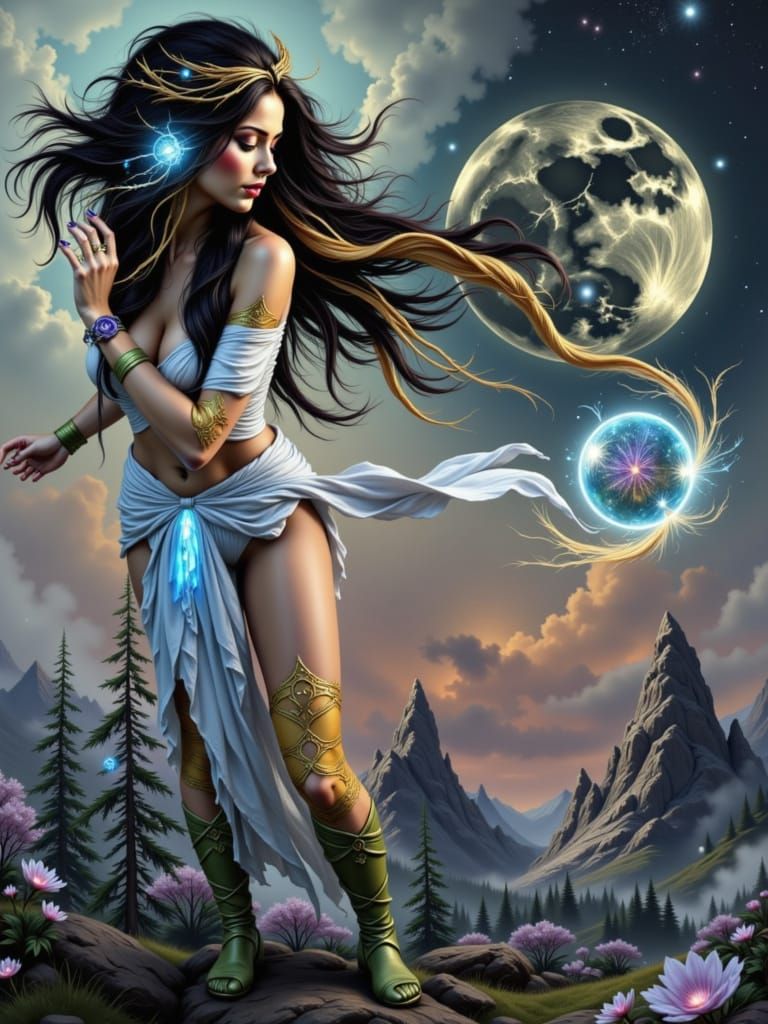 Maiden Holds Crystal Orb Under Full Moon