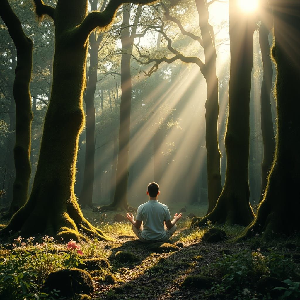 Meditating Figure in Sun-Dappled Ancient Forest