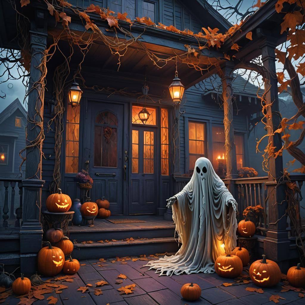 Ghost and Pumpkin on Spooky Porch in Dark Fantasy Style