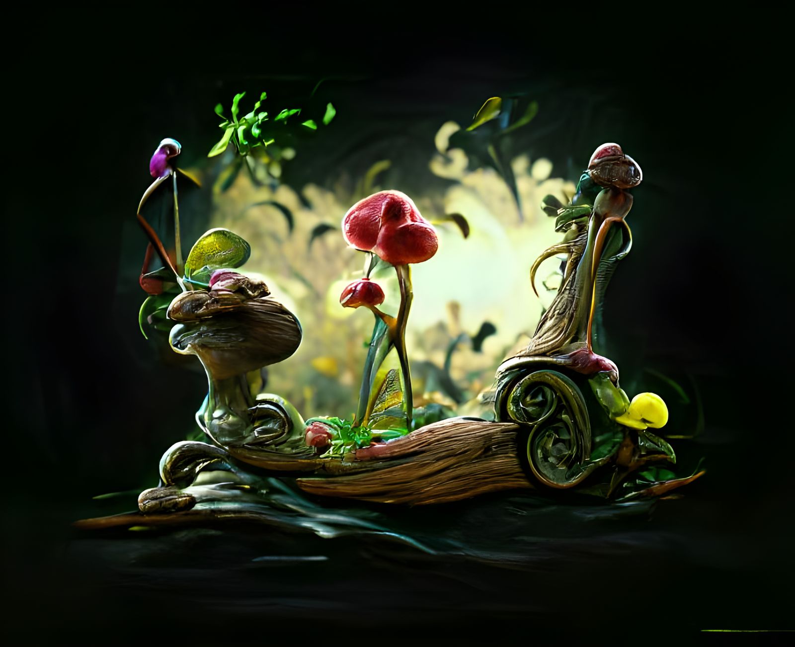 Fantasy Nature Scene with Mushrooms and Flowers