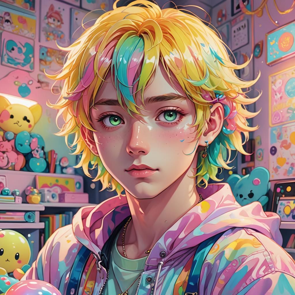 Pastel Anime Illustration of a Cute Guy in Kawaii Room