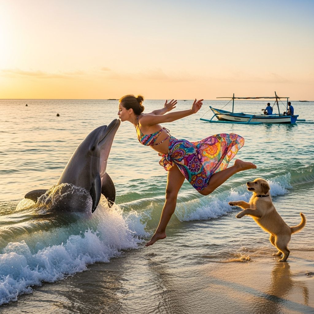 Joyful Beach Leap with Dolphin and Puppy