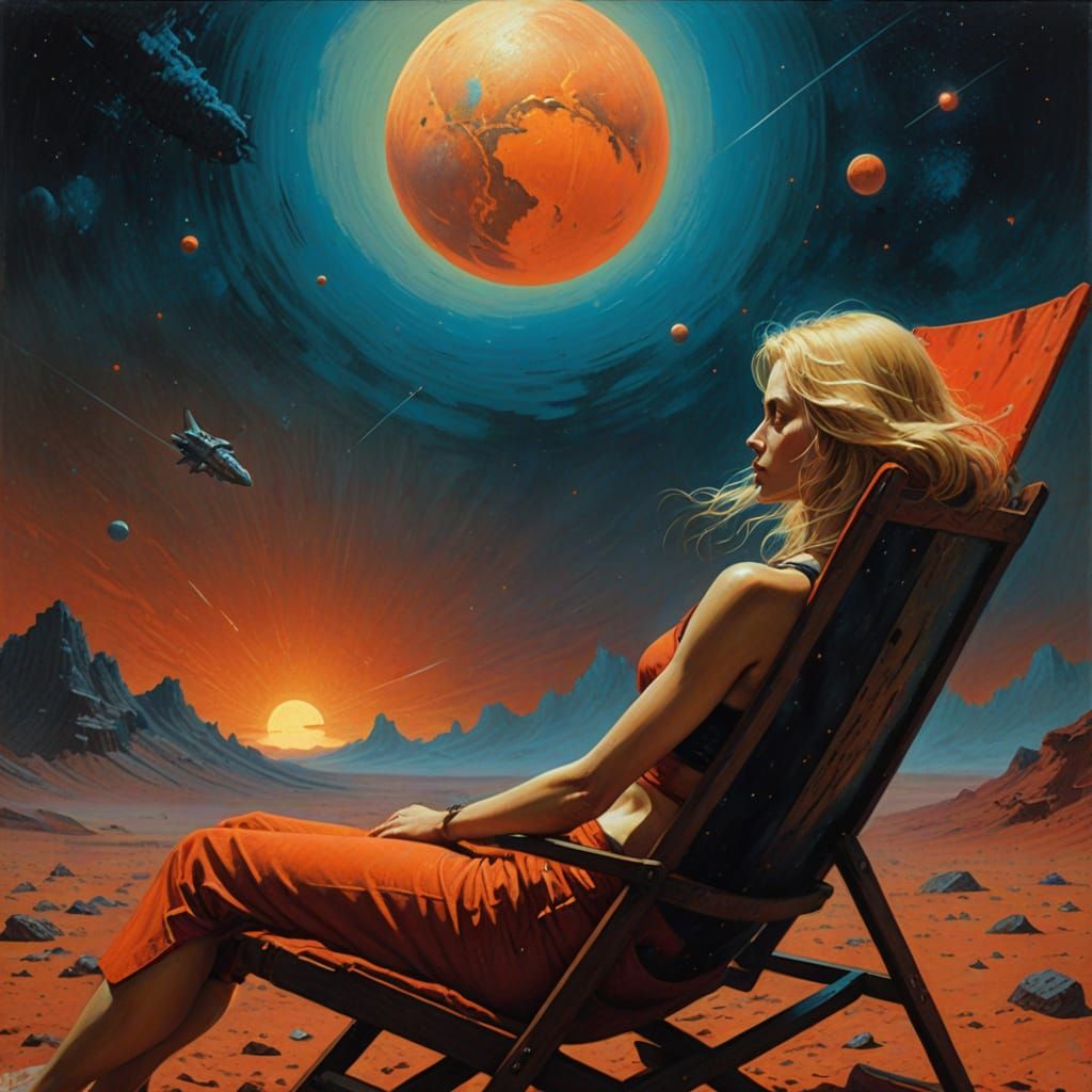 Woman Sunbathing on Mars in Surrealist Oil Painting