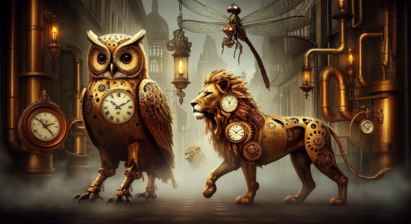 Clockwork Creatures in a Twilight Victorian Landscape