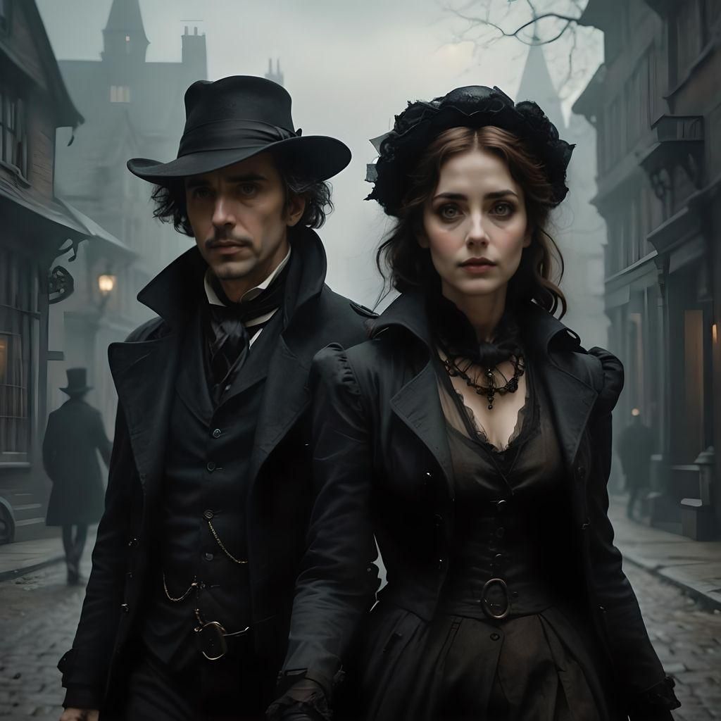 Couple in Dark Academia Gothic Town