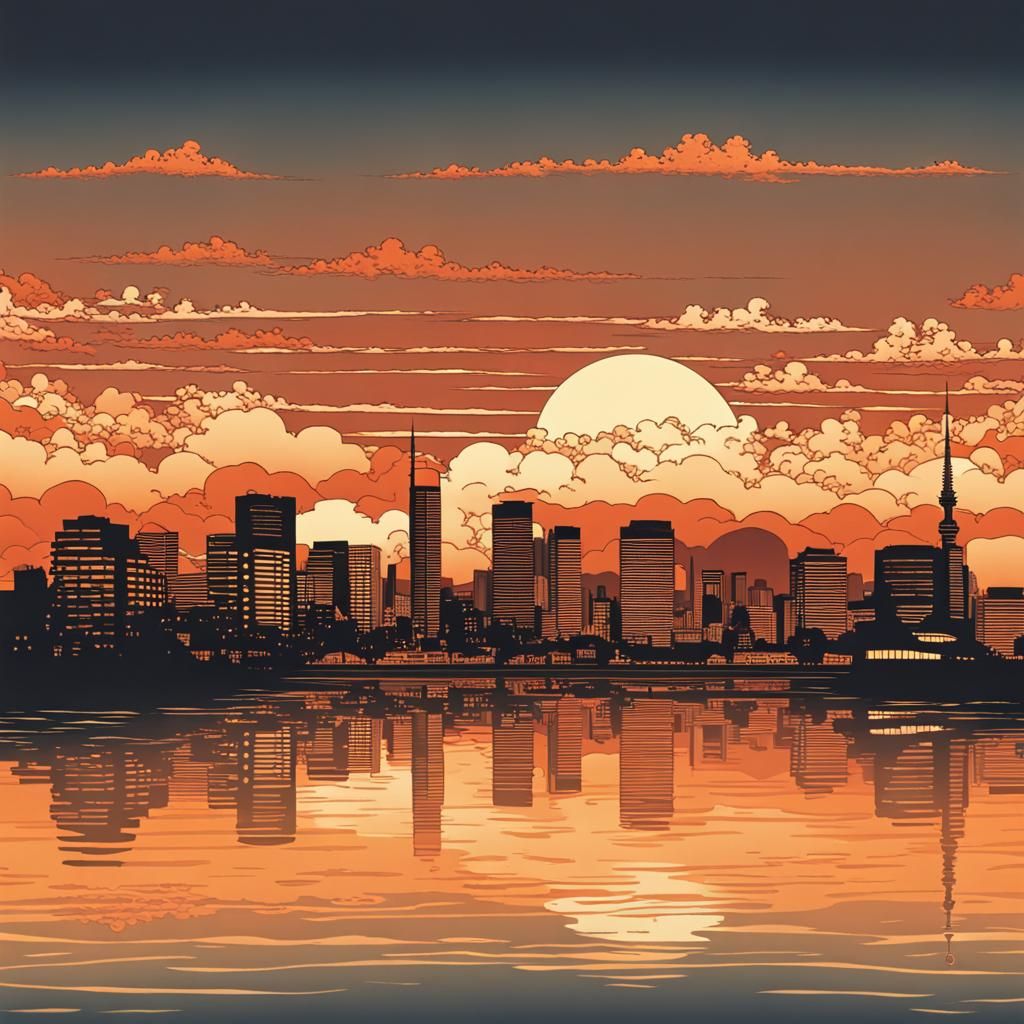 Sunset Cityscape in Hokusai Style