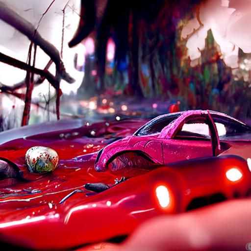 Creepy Realism Art: Blood-Splattered Car in Abandoned Street