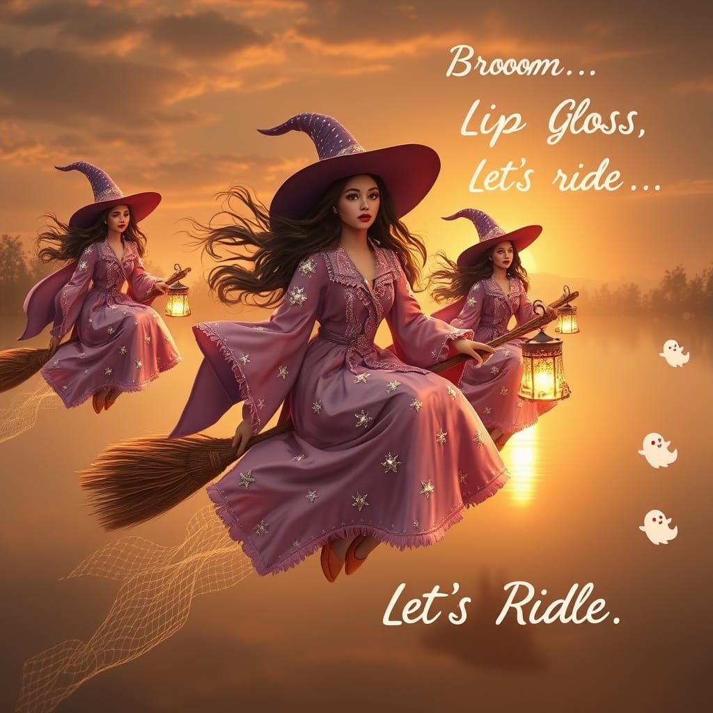 Glamorous Witches Fly at Sunset: Cinematic Fantasy Art