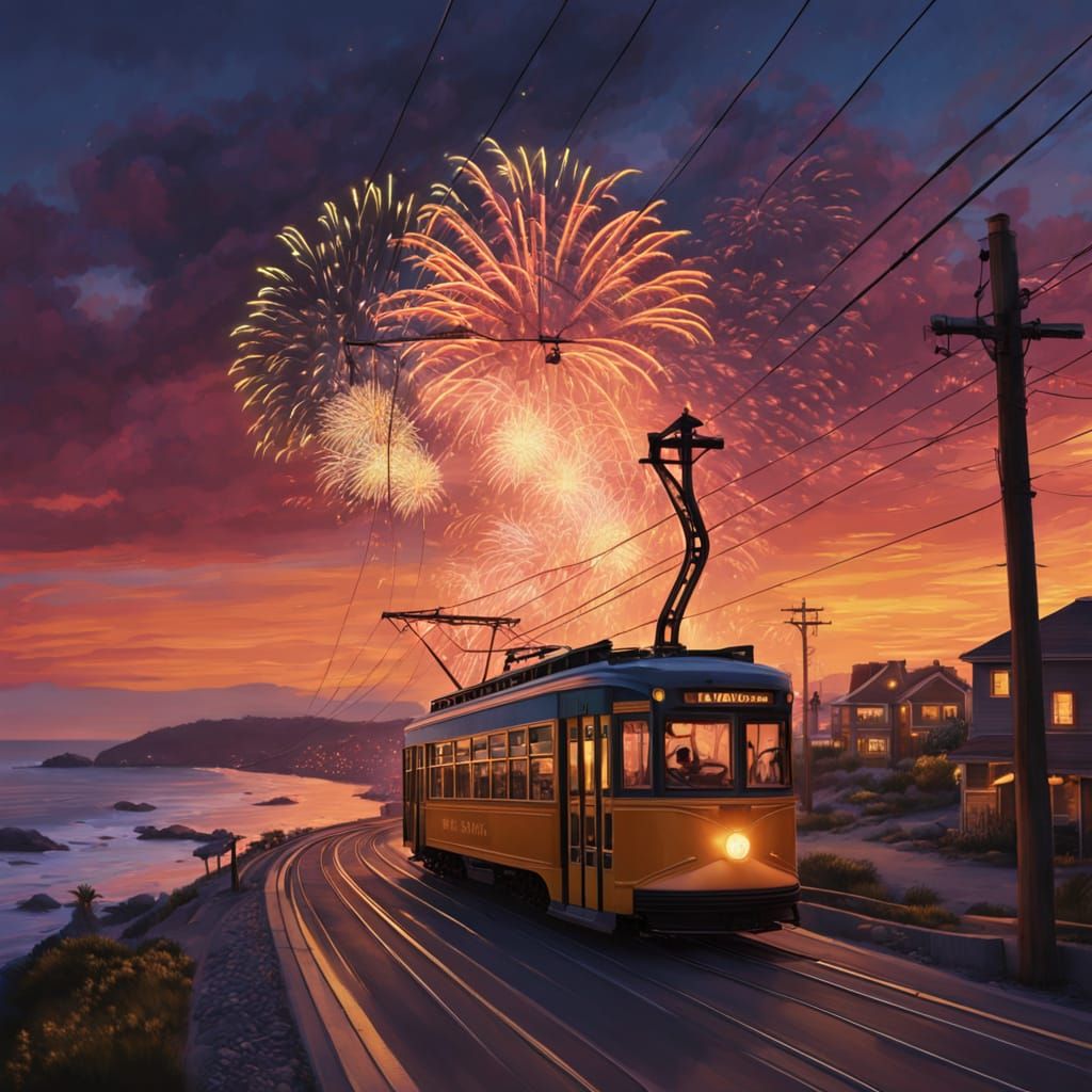 Maine Coastline Streetcar at Dusk in Oil Painting Style