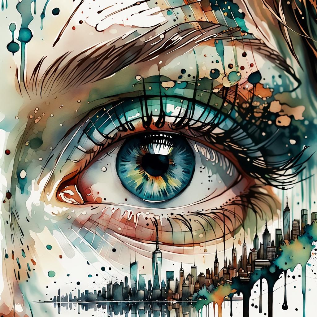 Eye Reflecting NYC Skyline in Watercolor Style
