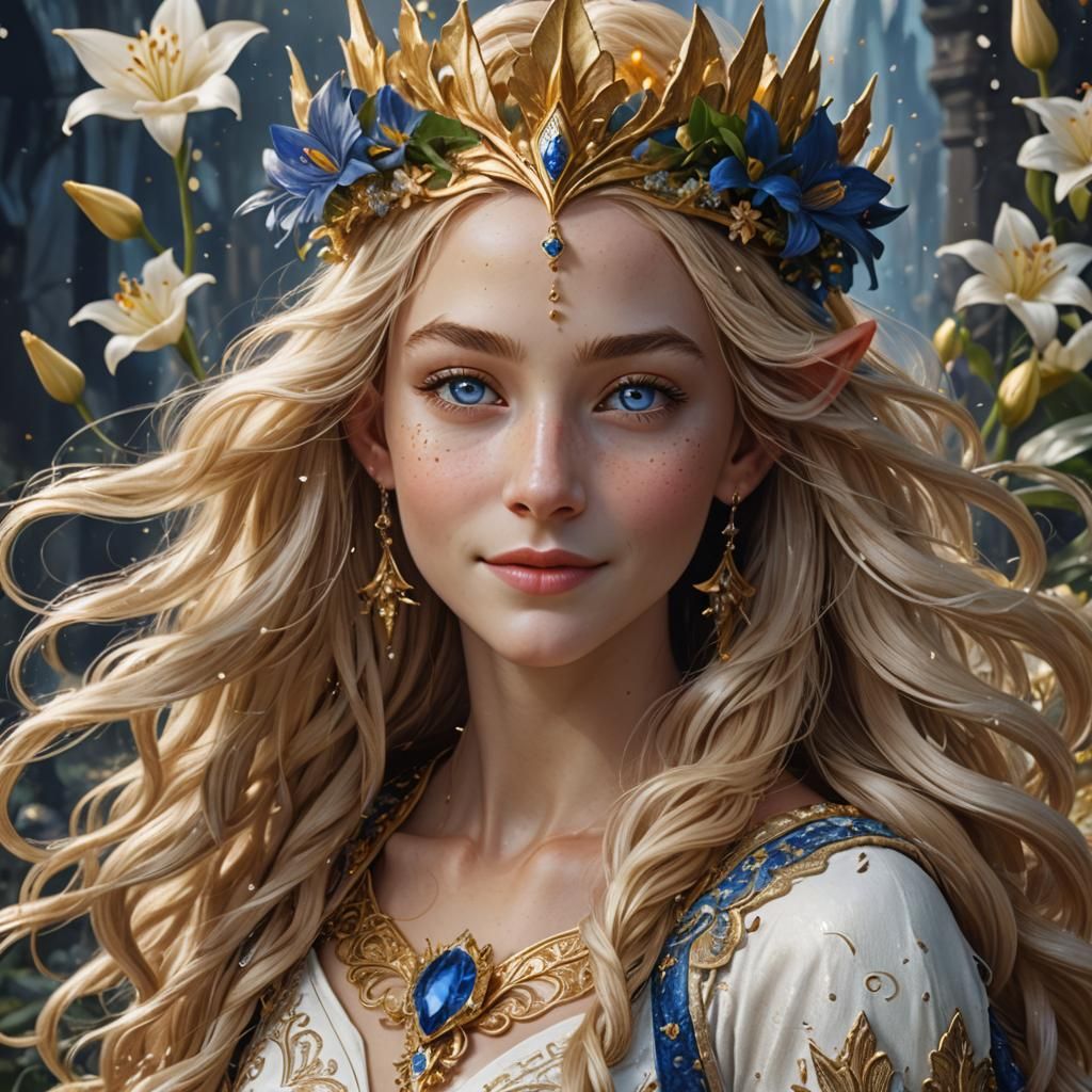 Smiling Elven Child with Flowered Crown, Detailed Digital Ar...