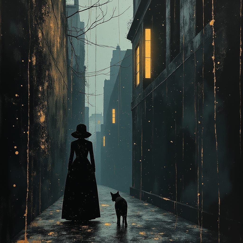 Gothic Victorian Woman Stands in Rainy Urban Alleyway