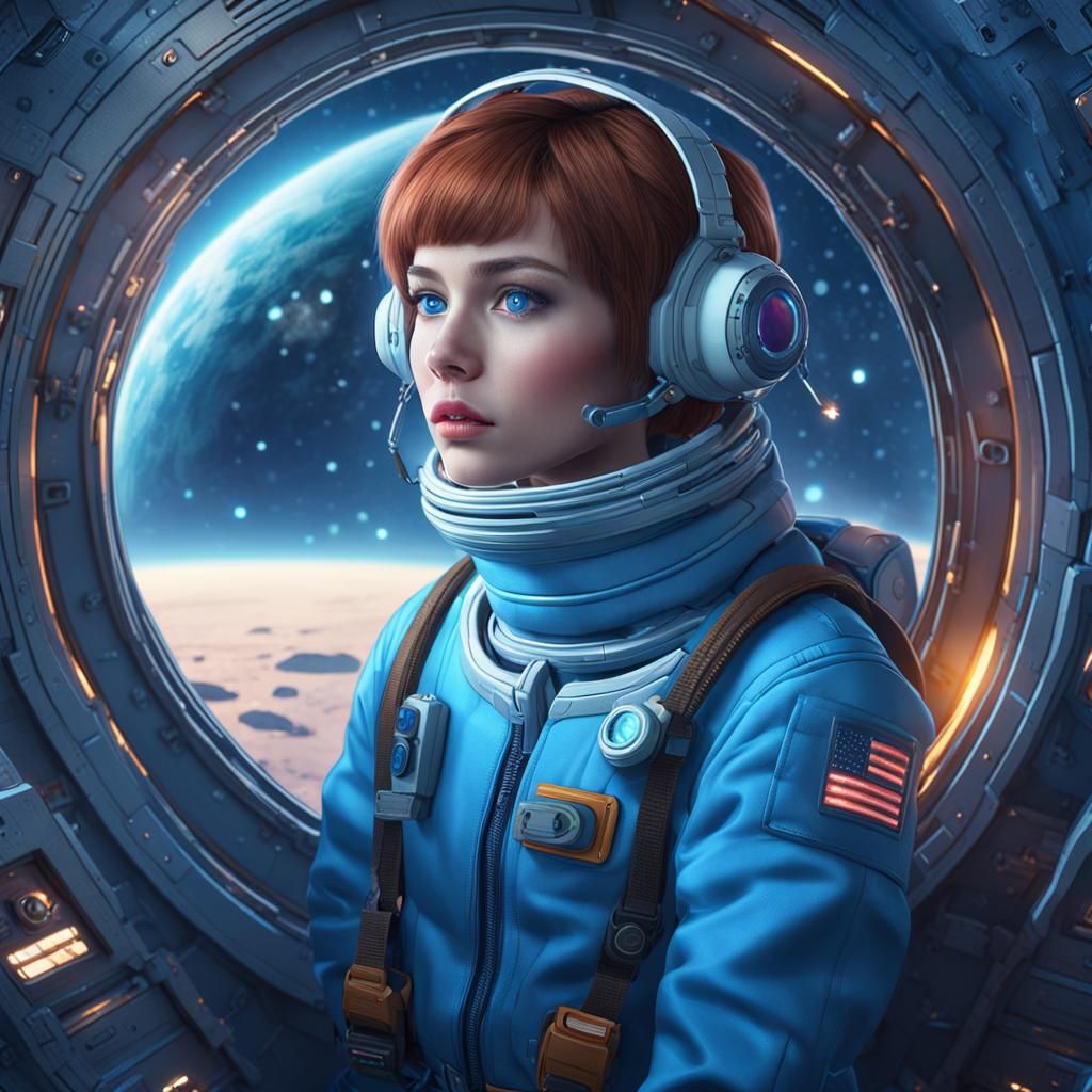 Girl Gazing at Planet from Spaceship Porthole
