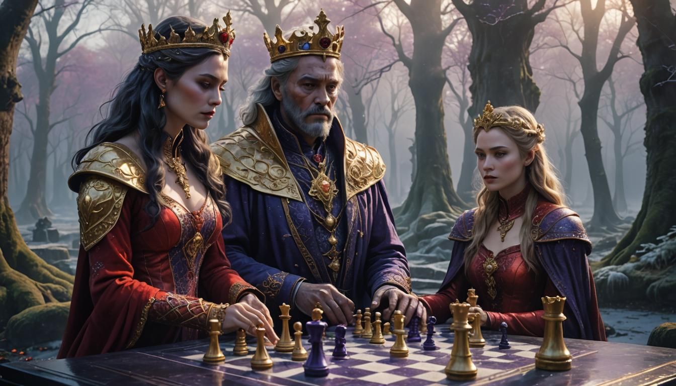 Chess Game in Misty Forest: Art Nouveau Style