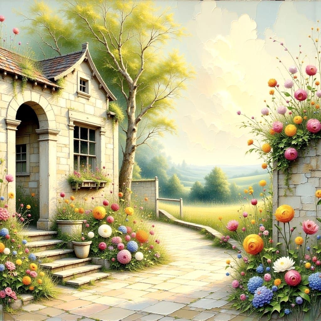 English Cottage Garden in Watercolor Oil Painting Style