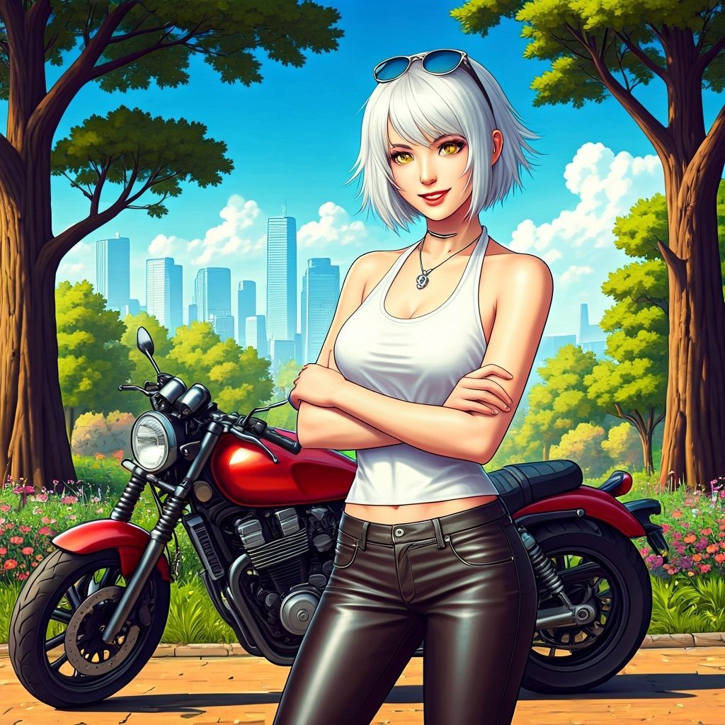 Woman with Yellow Eyes and Motorcycle in City Park