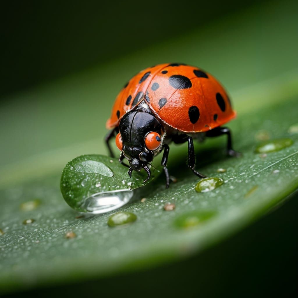 Macro Ladybug and Dew Drop Photorealistic Image