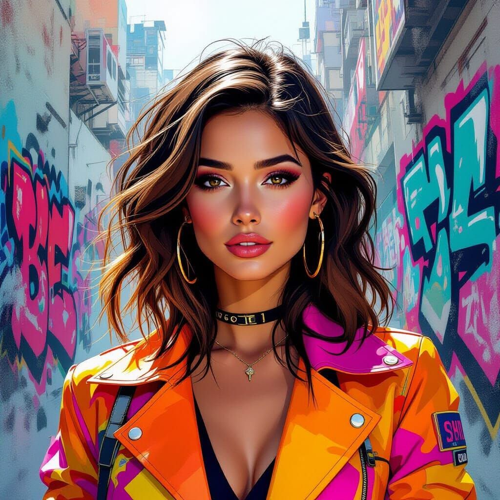 Woman with Orange-Tipped Hair Amidst Neon Graffiti