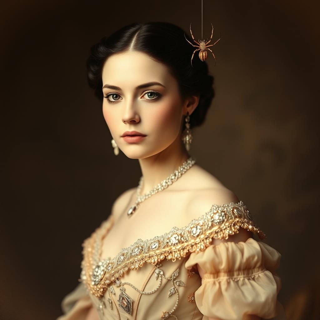 Victorian Debutante Portrait with Spider in Sepia Tone
