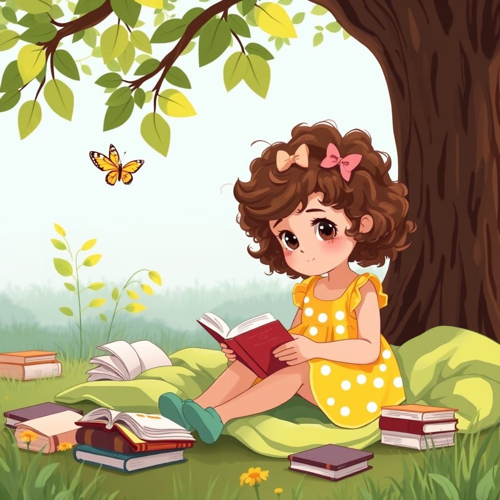 Whimsical Girl Reads Under Tree in Sunny Garden