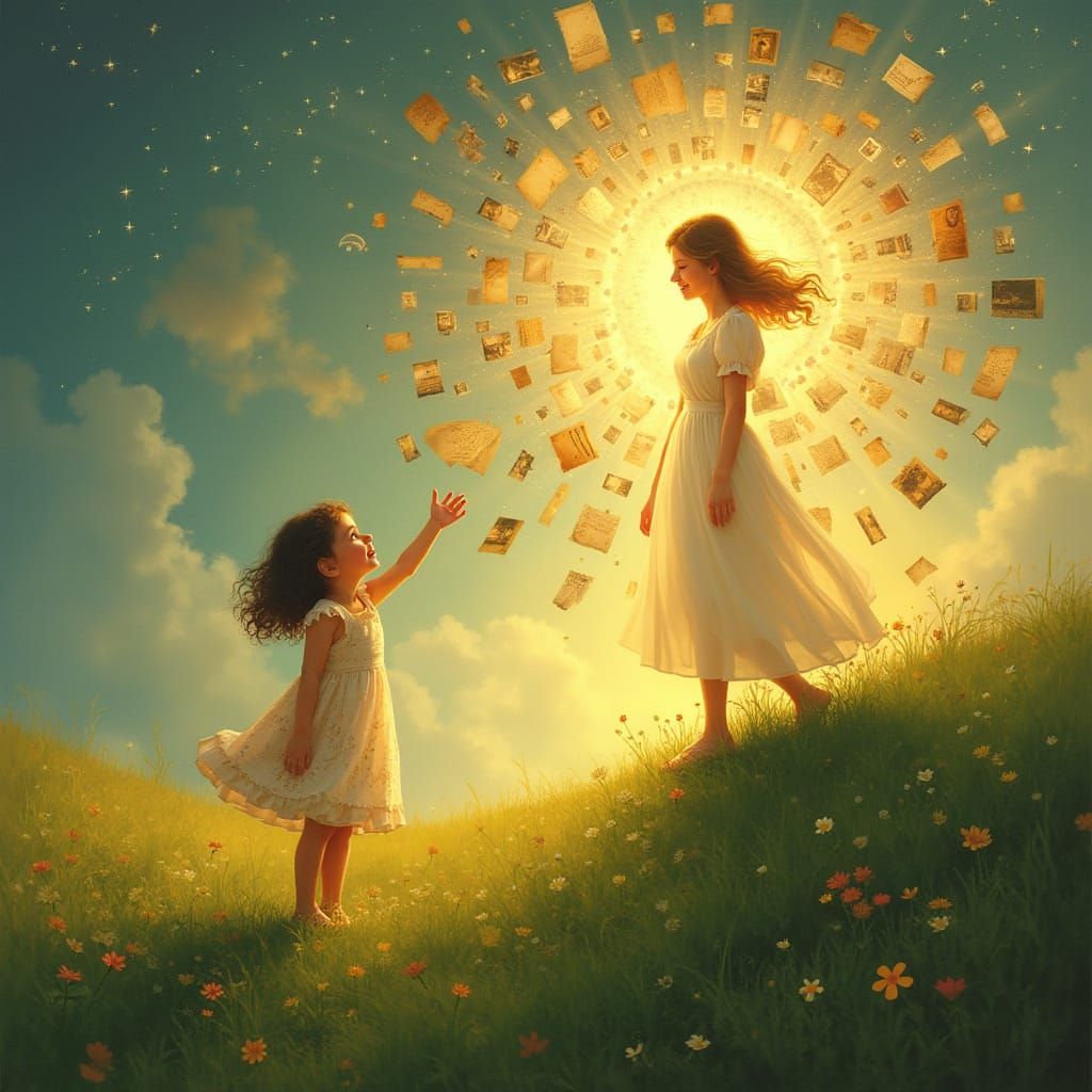 Whimsical Motherly Love Radiates Across an Ethereal Bridge