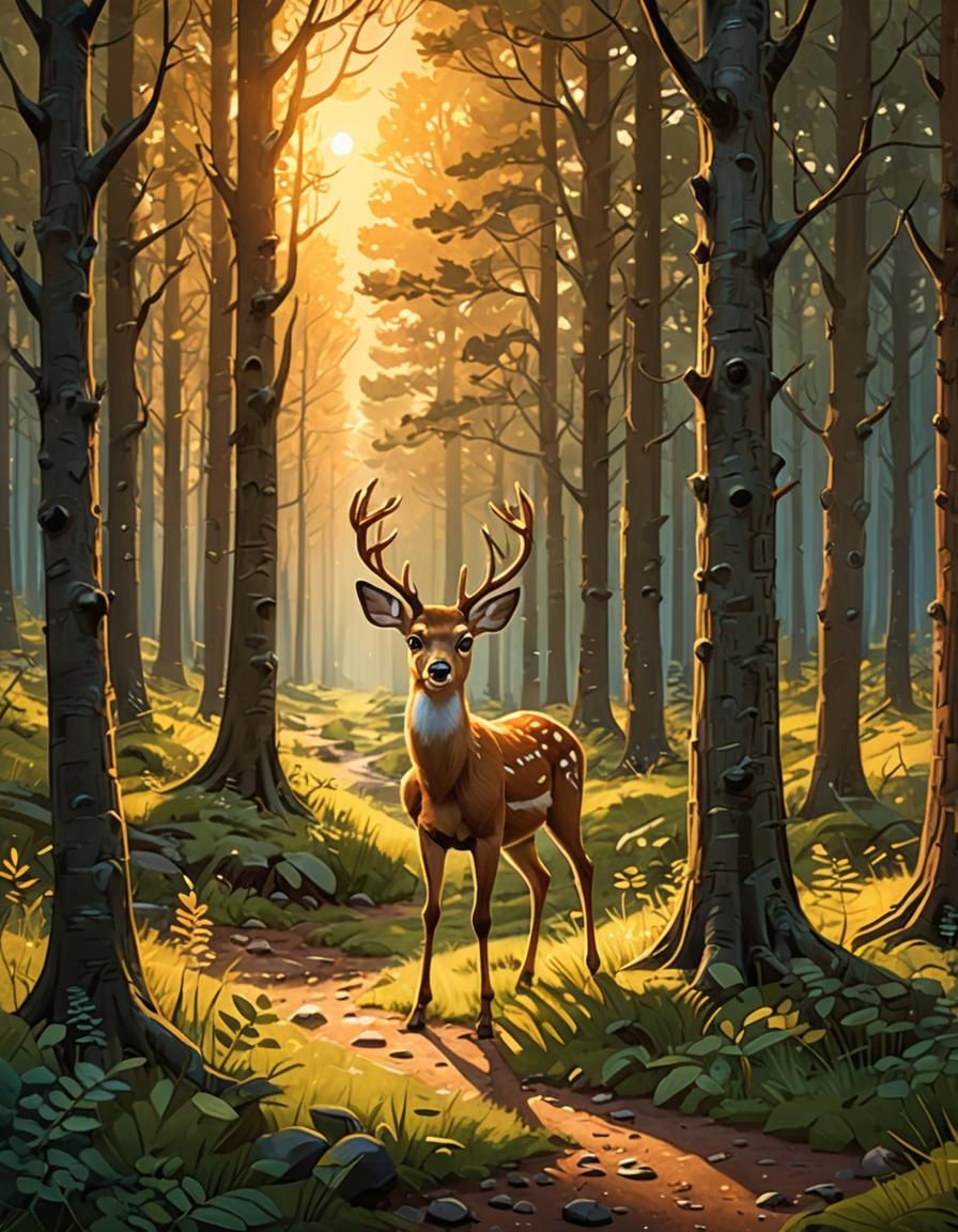 Cartoon Deer in Forest at Golden Hour