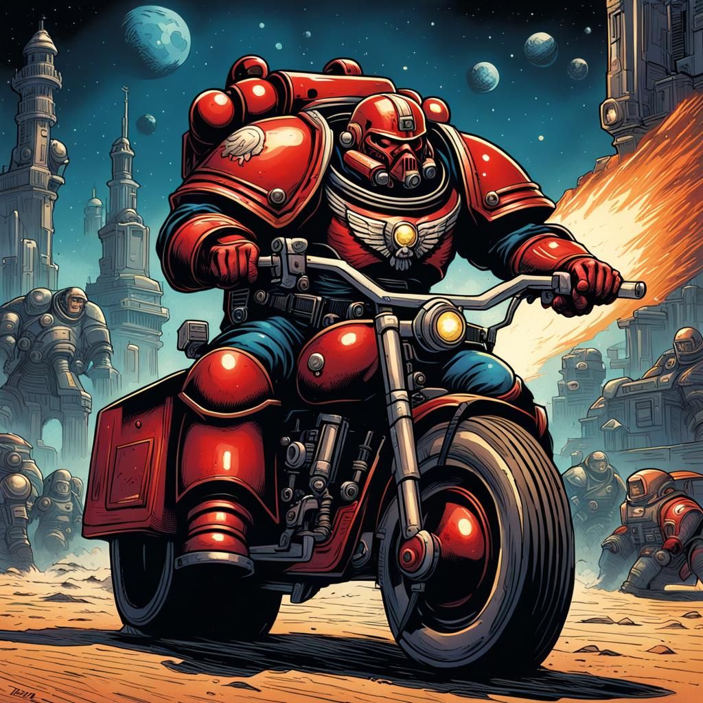 Space Marine on Tricycle in Comic Book Style