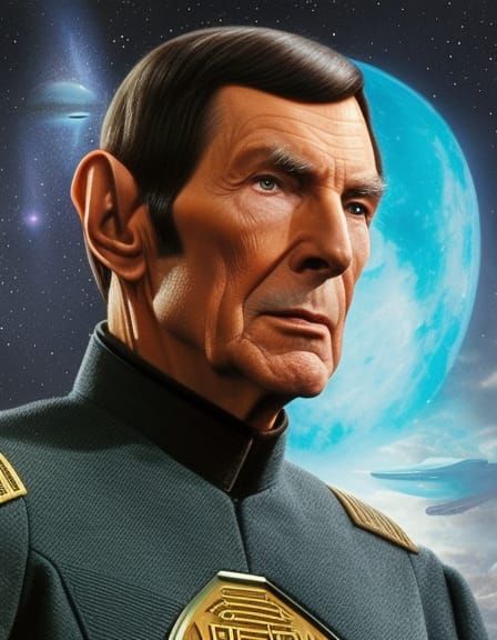 Insanely_detailed_screen capture of "Star Trek" séries. Leonard Nimoy as Captain Spock in spaceship. Photorealistic; Hyp...