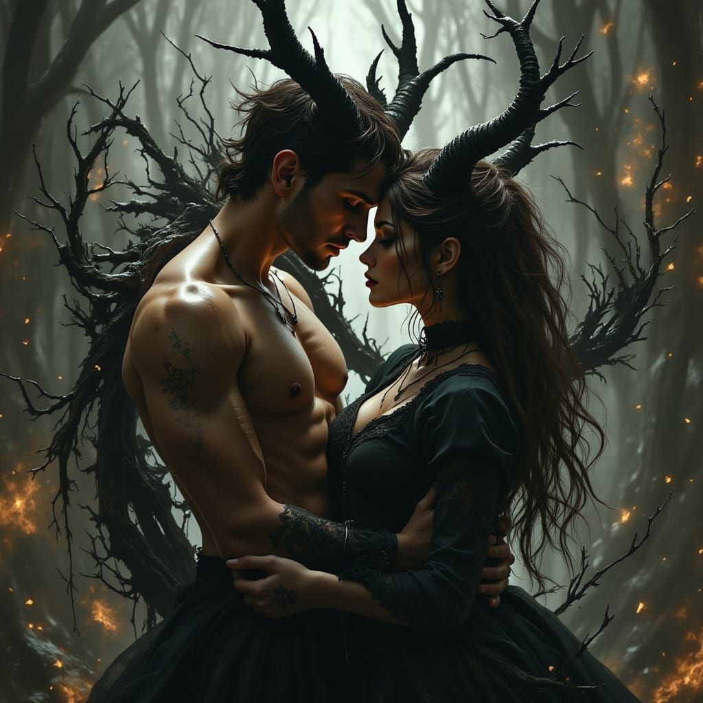 Dark Embrace: Male Figure and Demon Witch