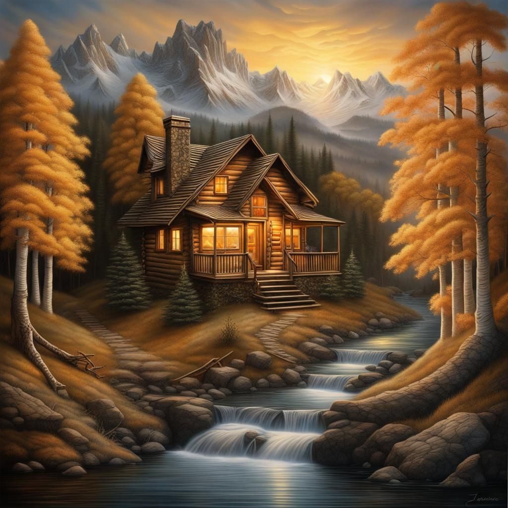 Origami Cabin at Sunset: 3D Photorealistic Art