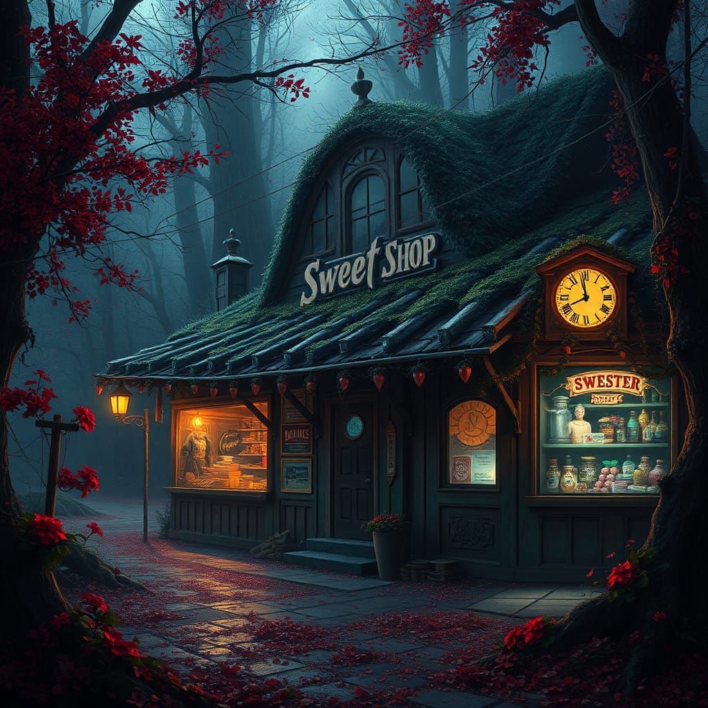 Sinister Abandoned Sweet Shop in Detailed Matte Painting Sty...