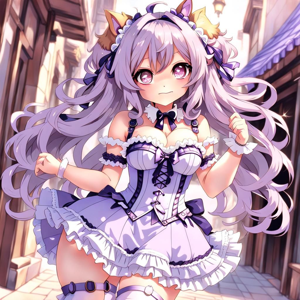 Cute dog girl with long wavy amethyst hair, smiled, dog ears, glistening big eyes, pastel color eyes, pastel corset, lav...