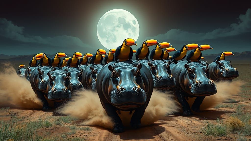 Hippo Herd Stampede Under Bioluminescent Moonlight