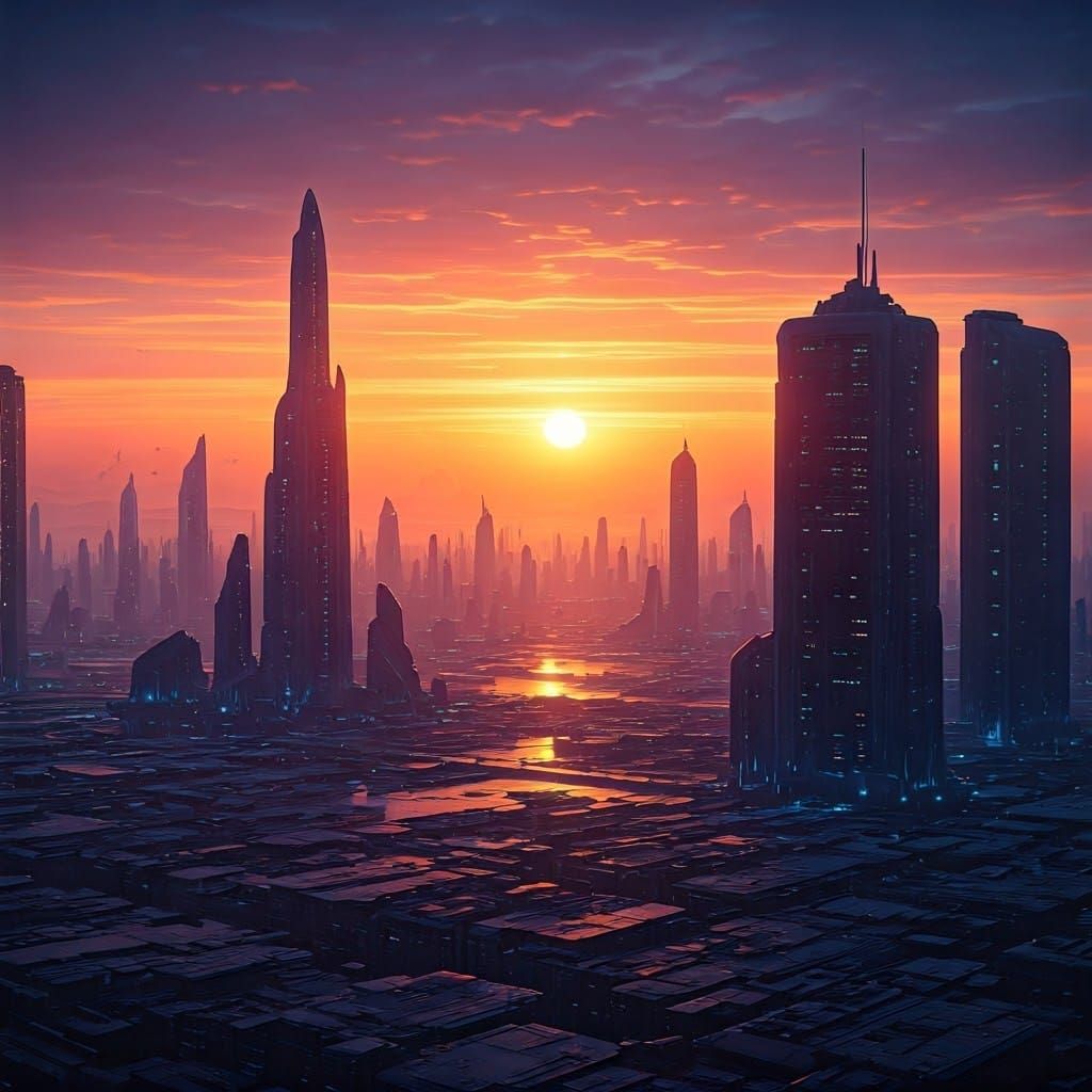 Futuristic Cityscape at Sunset in Splash Art Style