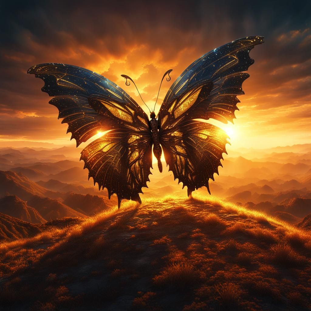 Sparkling Butterfly at Golden Sunset: Fantasy Art