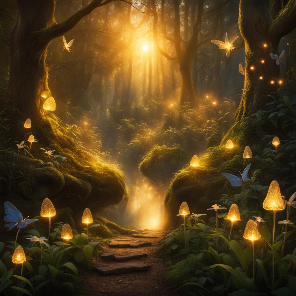 Enchanted Forest with Firefly Fairies at Sunset