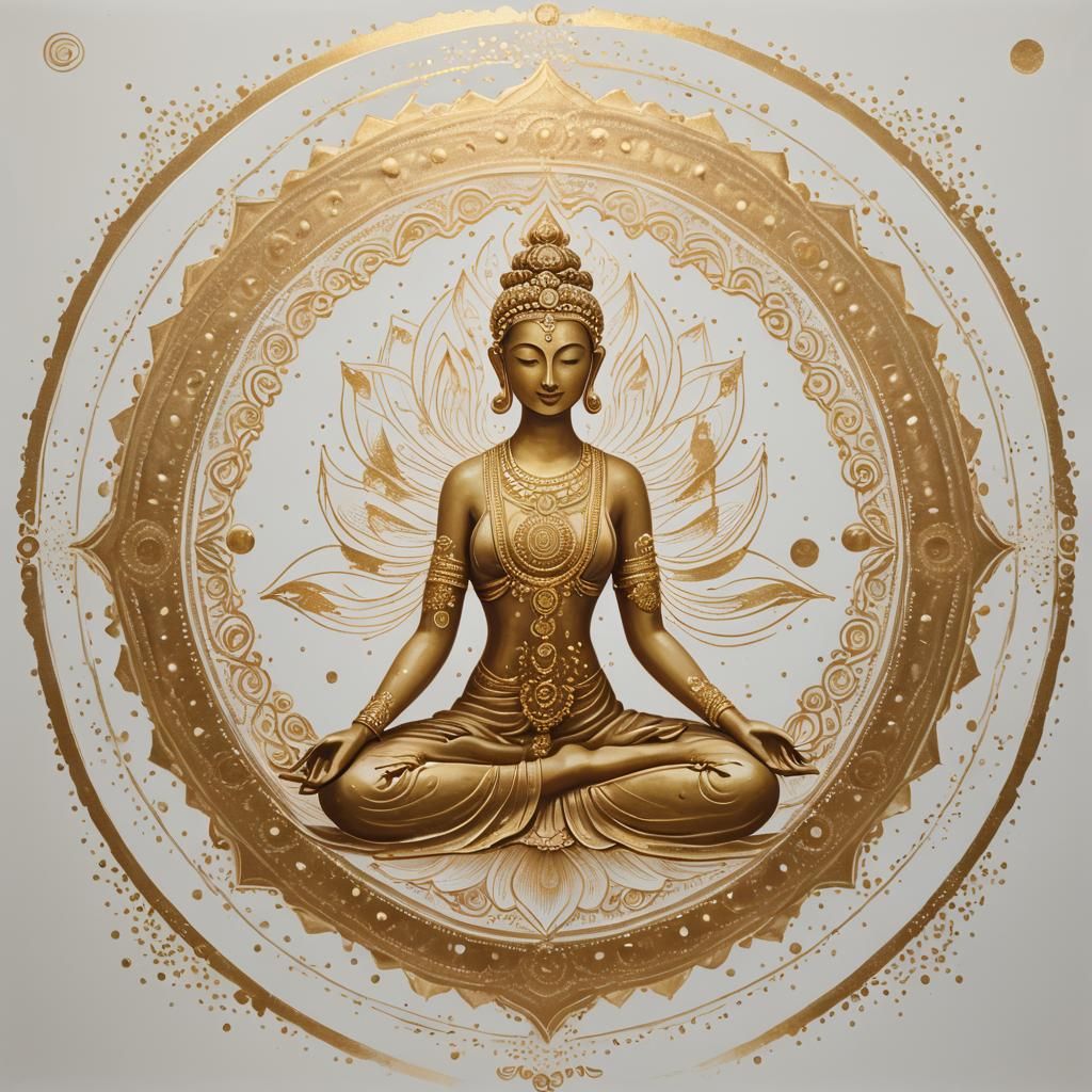 Ethereal Gold Mandala: Meditative Goddess with Chakras