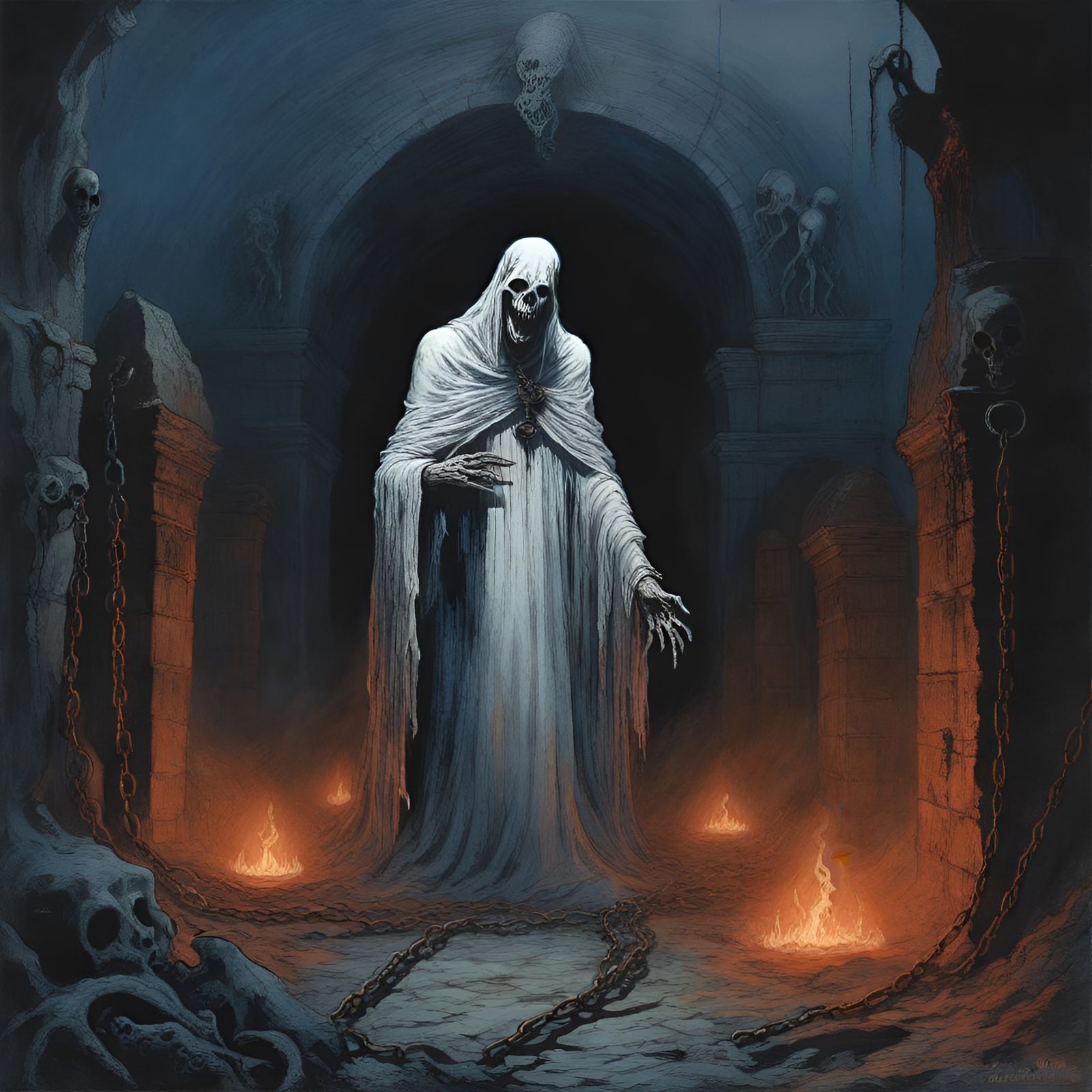 Chained Ghost Roams Hellcatacombs: Eerie Magazine Style