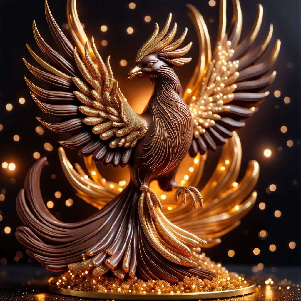 Hyperrealistic Chocolate Phoenix Sculpture with Lightpaintin...