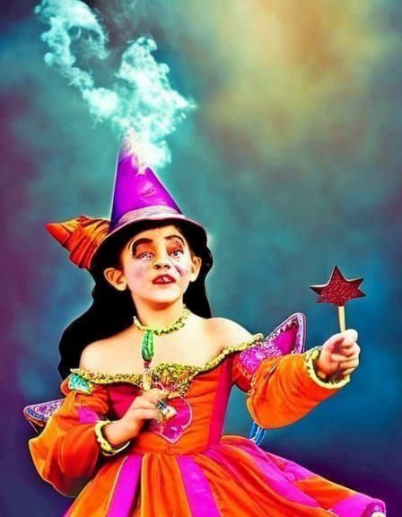 Childish Witch Girl in Crater with Magic Wand