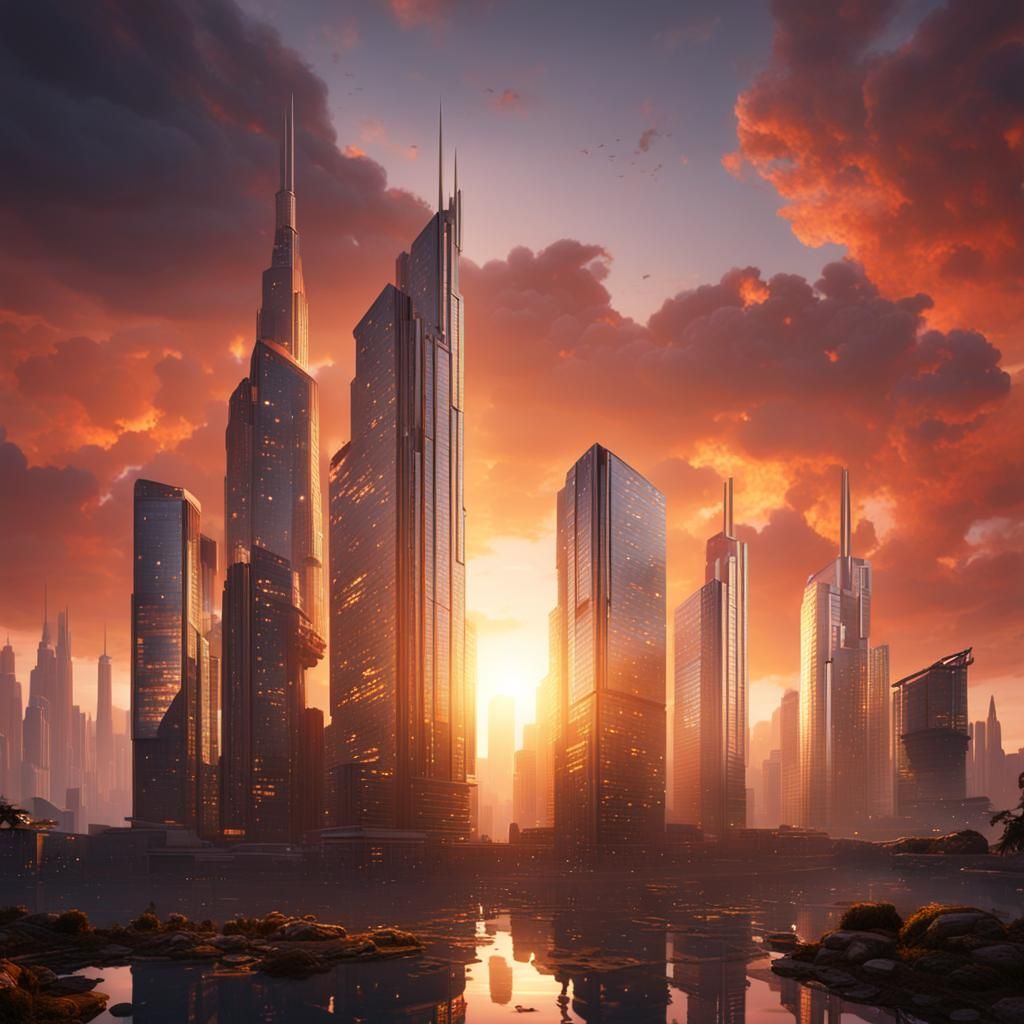 Sunrise Over Modern City: Detailed Matte Painting