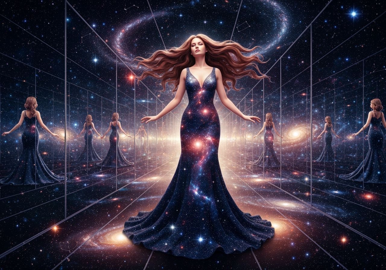 Ethereal Woman in Starlight Gown Amidst Cosmic Hall of Mirro...