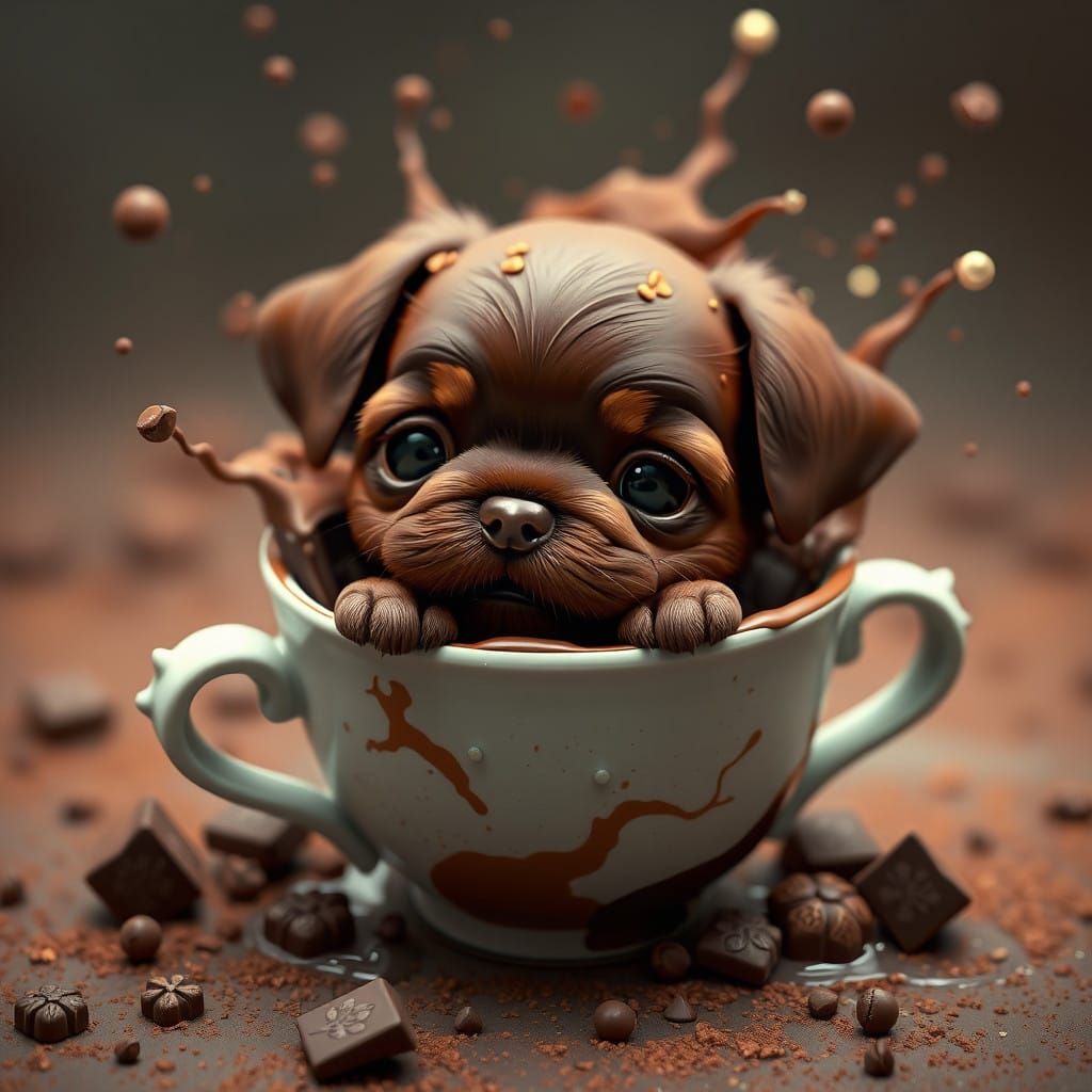 Chocolate Puppy in an Elegant Teacup