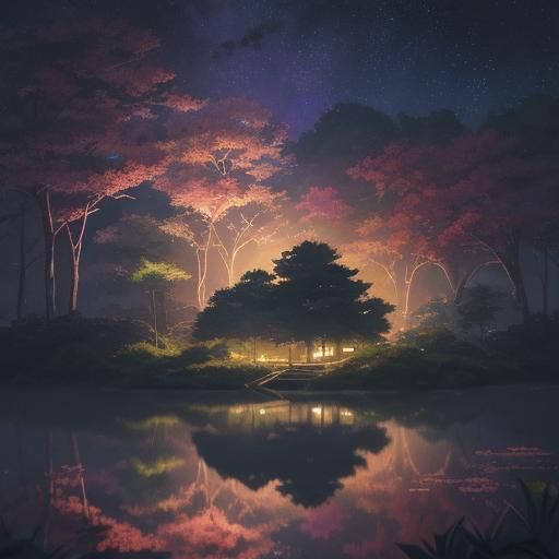 Anime Girl Leaping on Lily Pads at Night