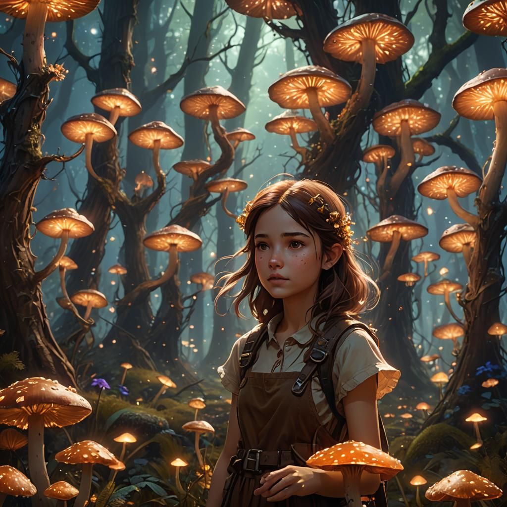 Girl in Glowing Mushroom Forest, Detailed Matte Painting