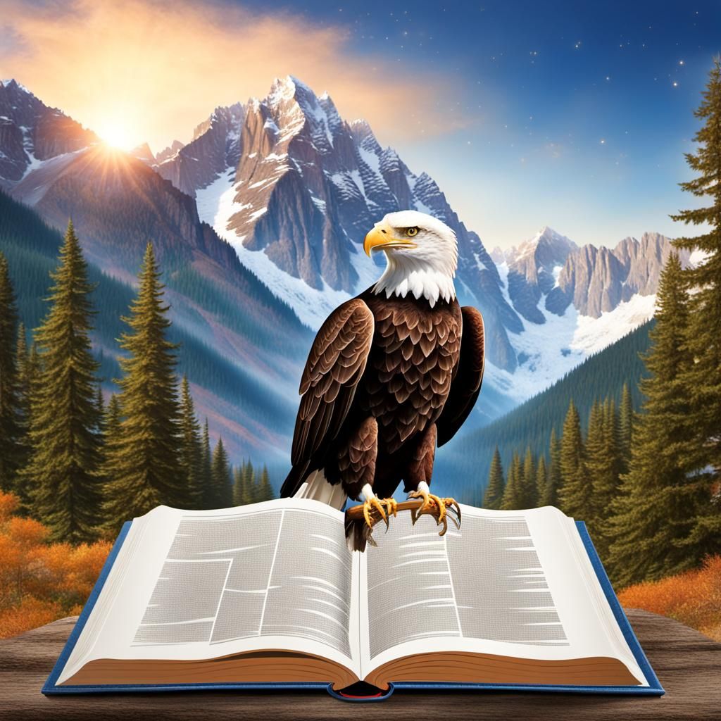 Open Bible with Mountainous World and Eagle