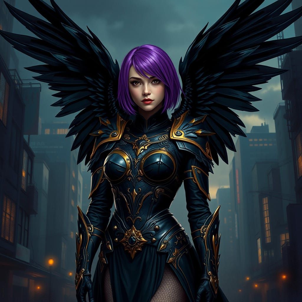 Fantasy Warrior in Urban Landscape, Cyberpunk Style