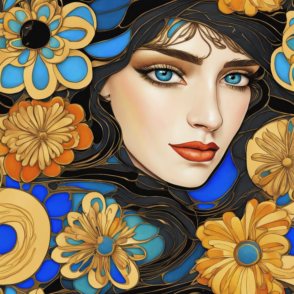 a 3d portrait of a beautiful woman with big blue eyes. The woman should be the central focus. Surround the woman with ab...