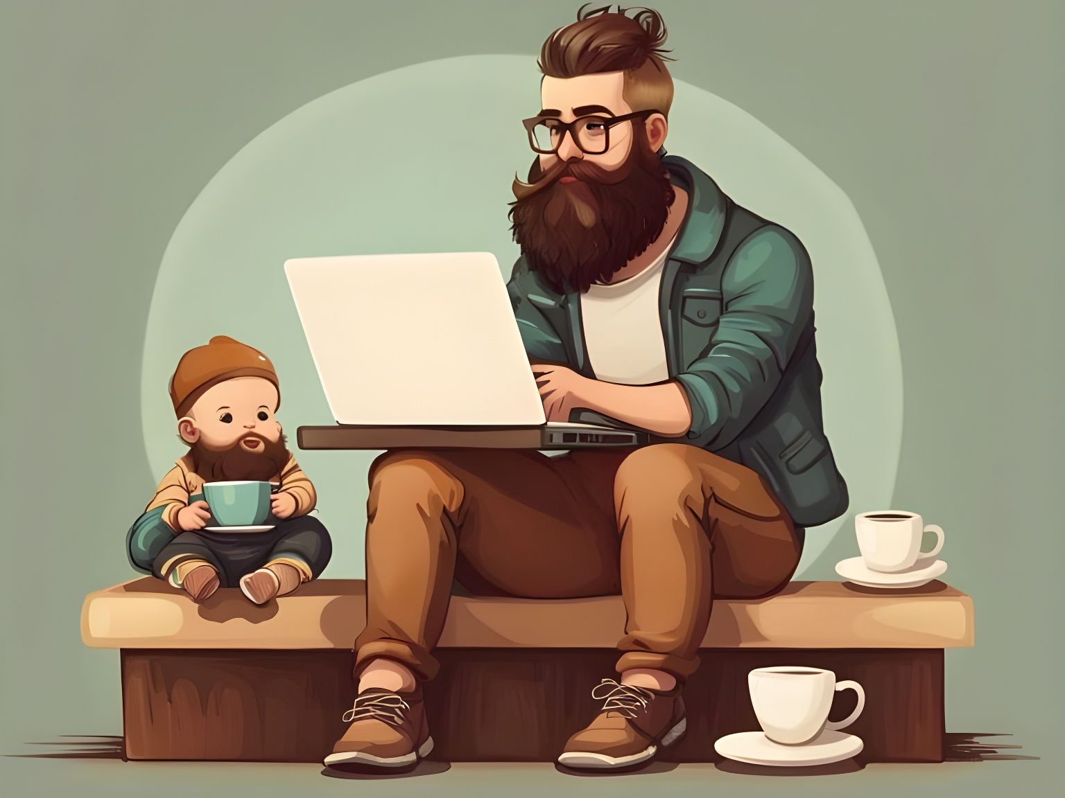 Hipster with Laptop, Baby and Coffee